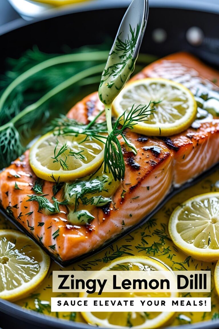 A bowl of creamy lemon dill sauce garnished with fresh dill and lemon zest.