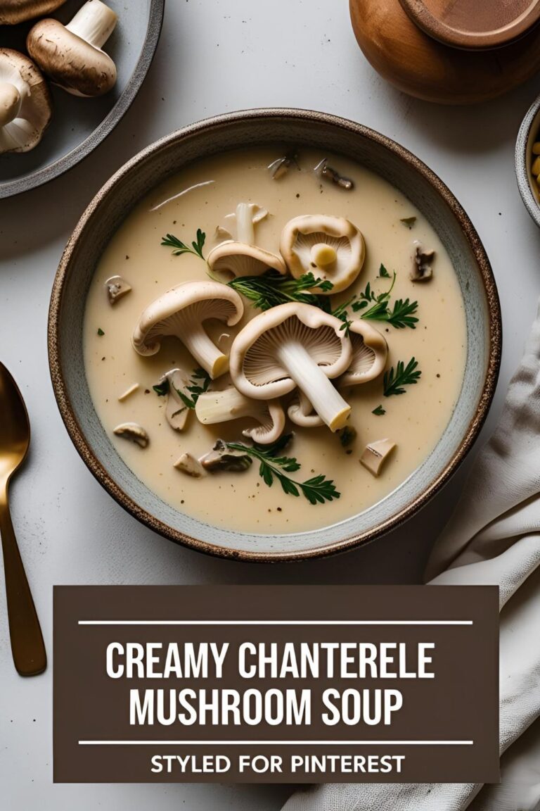 Bowl of creamy chanterelle mushroom soup with garnish