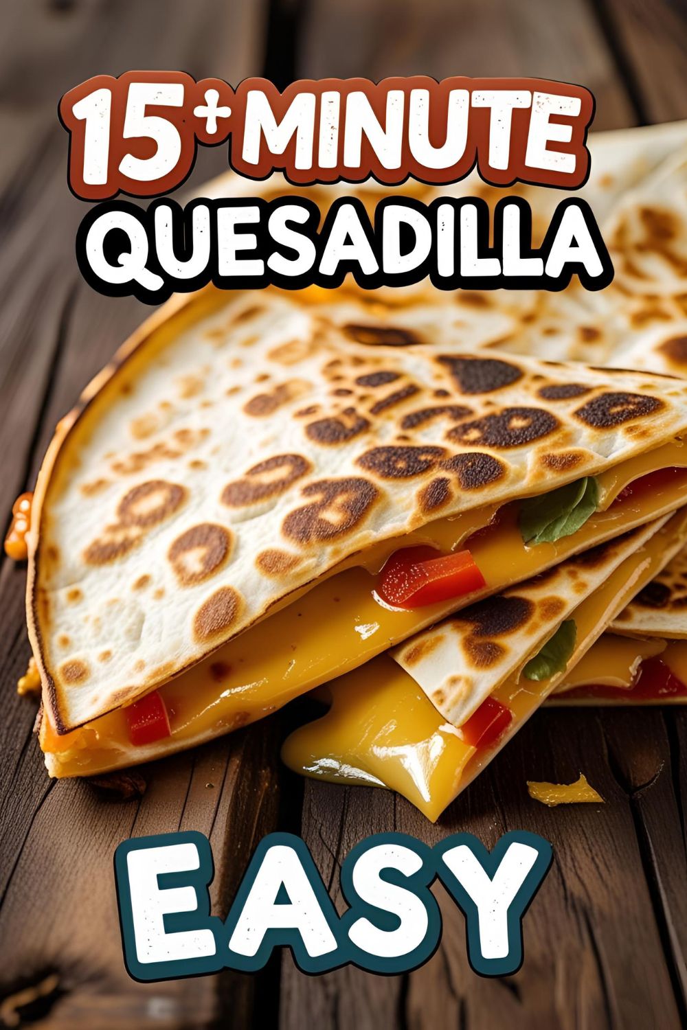 Golden quesadilla wedge with cheese pull on wooden board