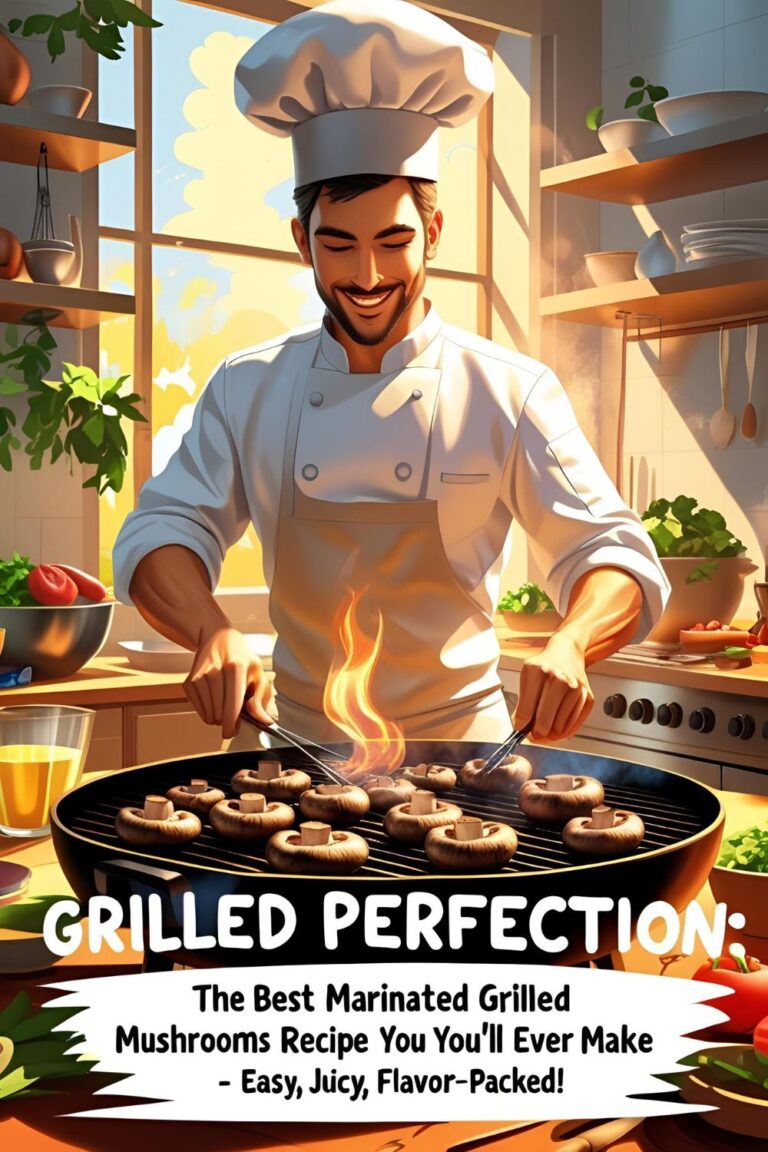 Skewers of juicy marinated grilled mushrooms on a barbecue with fresh herbs and grill marks