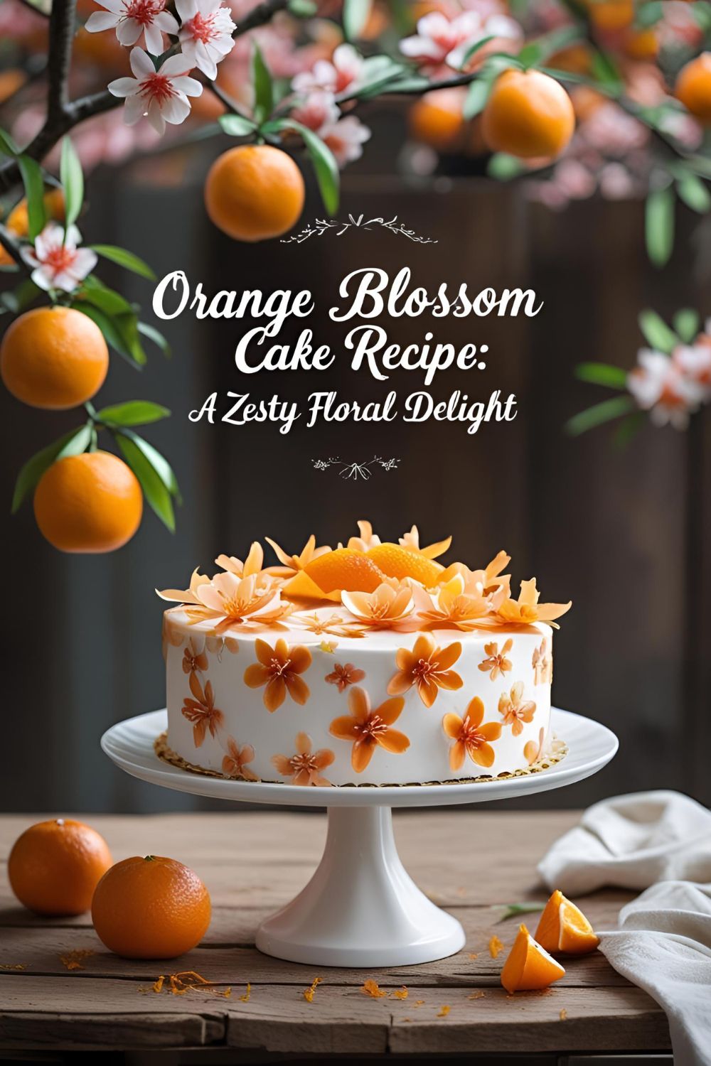 A beautifully presented Orange Blossom Cake garnished with orange zest and edible flowers.
