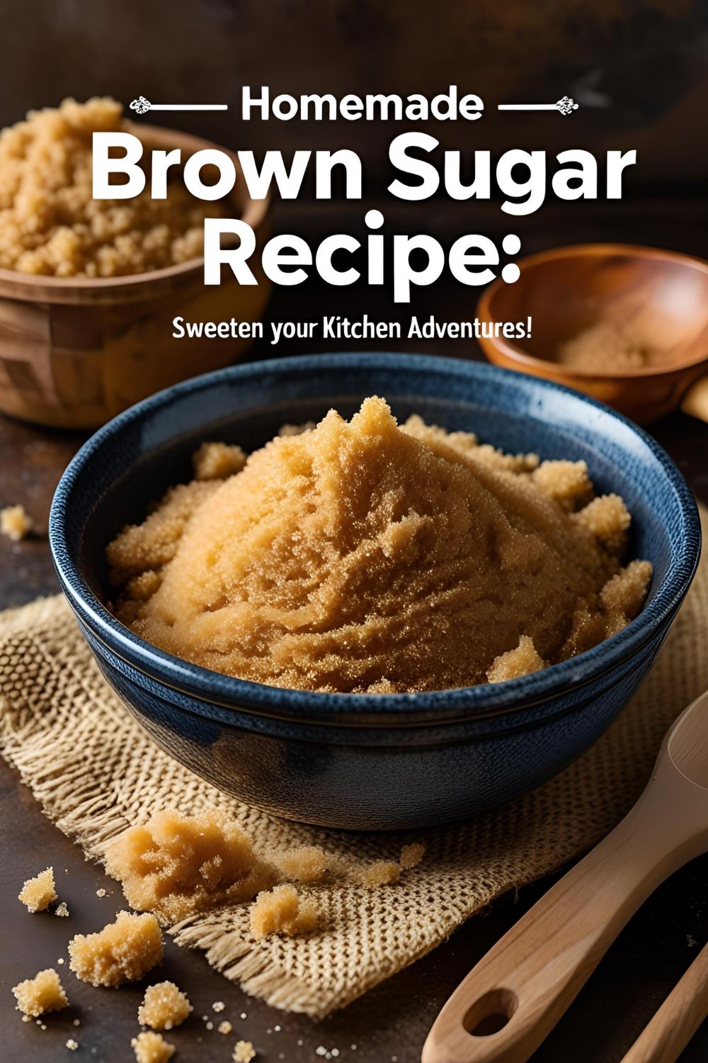 A bowl of freshly made brown sugar with a wooden spoon on a rustic kitchen counter.