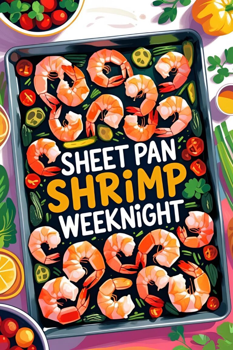 Top-down sheet pan with shrimp & roasted veggies