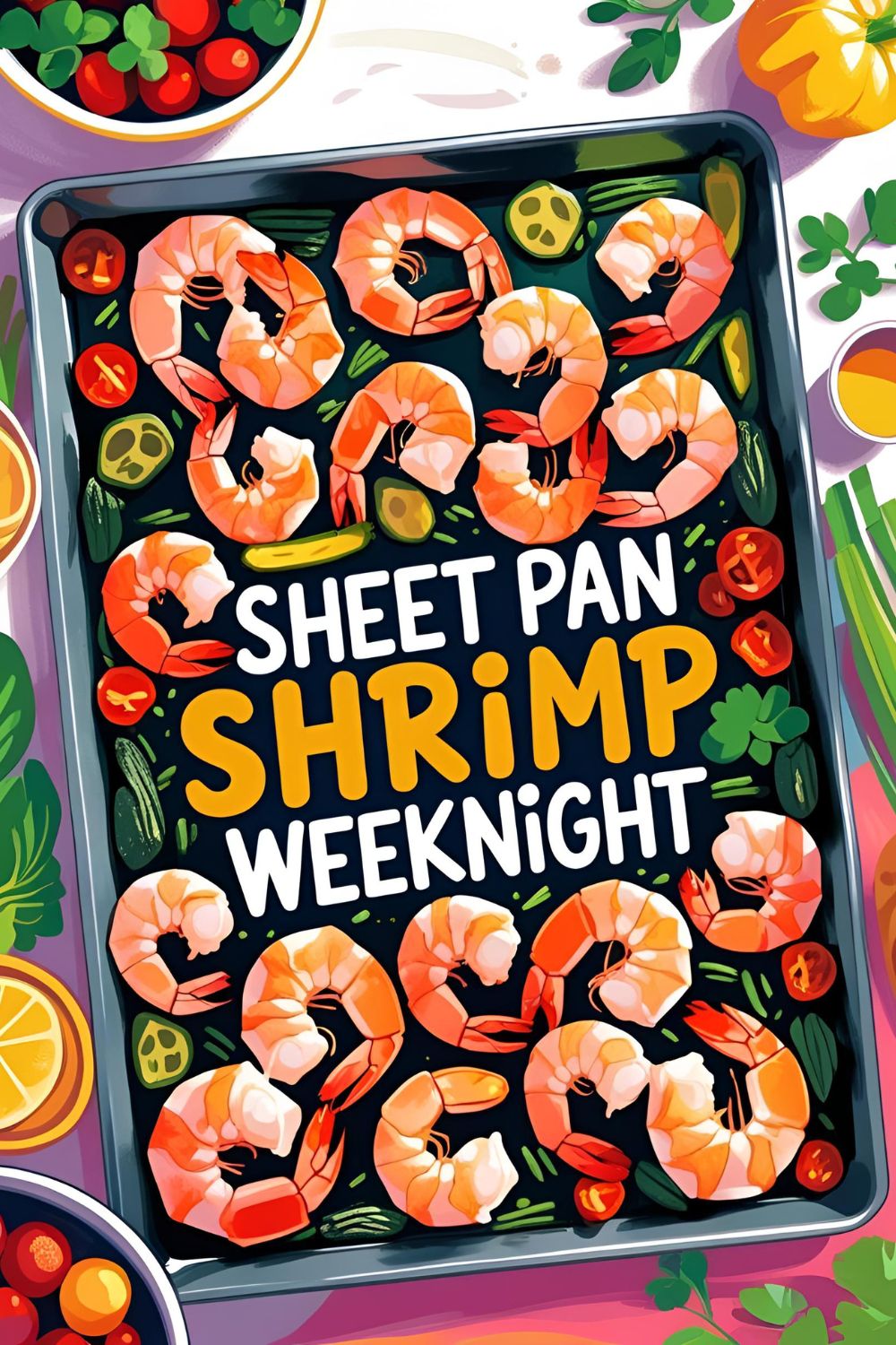 Top-down sheet pan with shrimp & roasted veggies