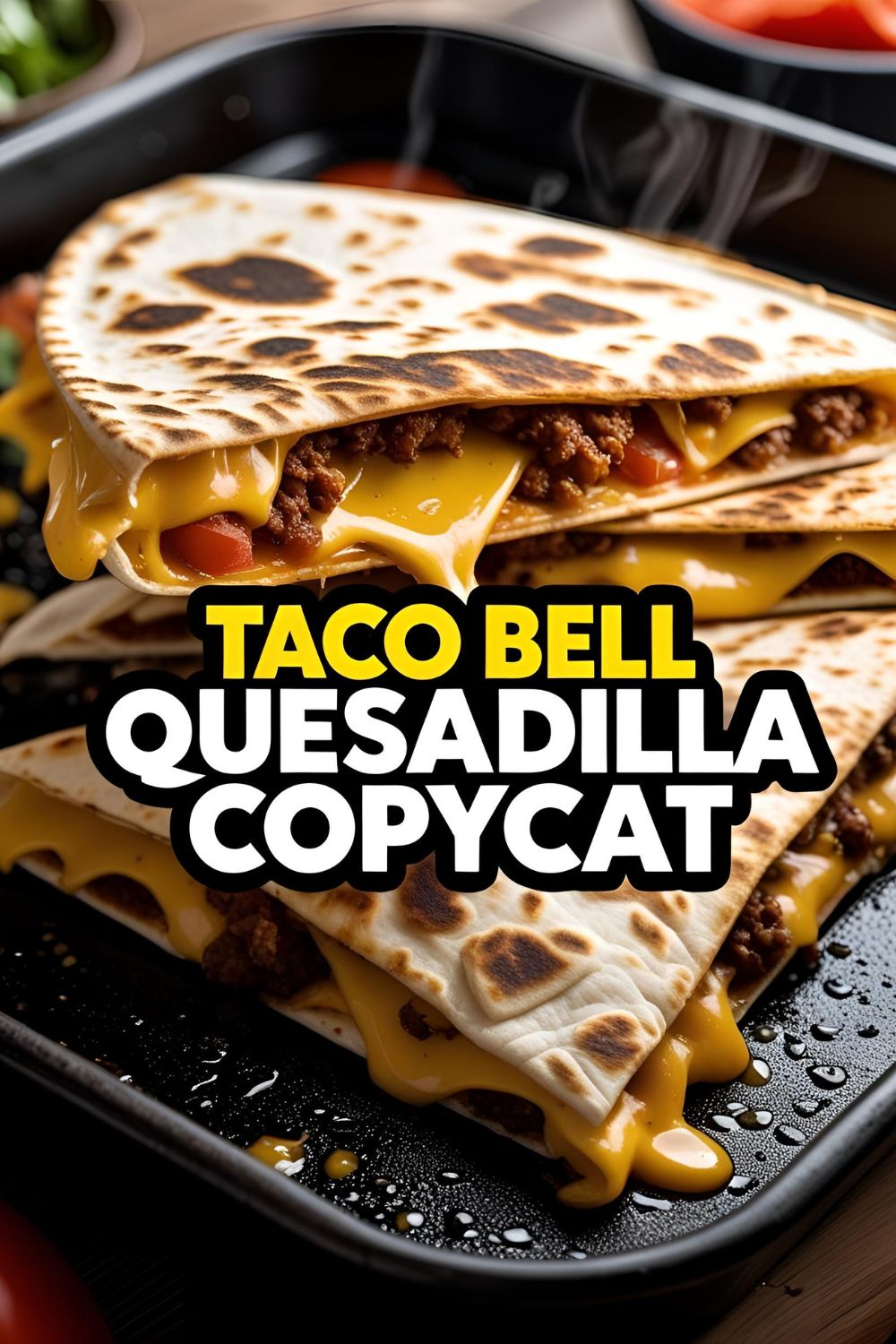 Close-up of a cheesy cooked quesadilla wedge on a plate