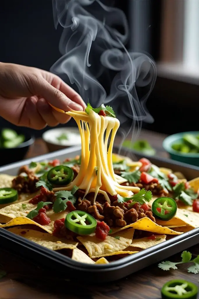 Close-up of loaded beef nachos with cheese pull and fresh toppings