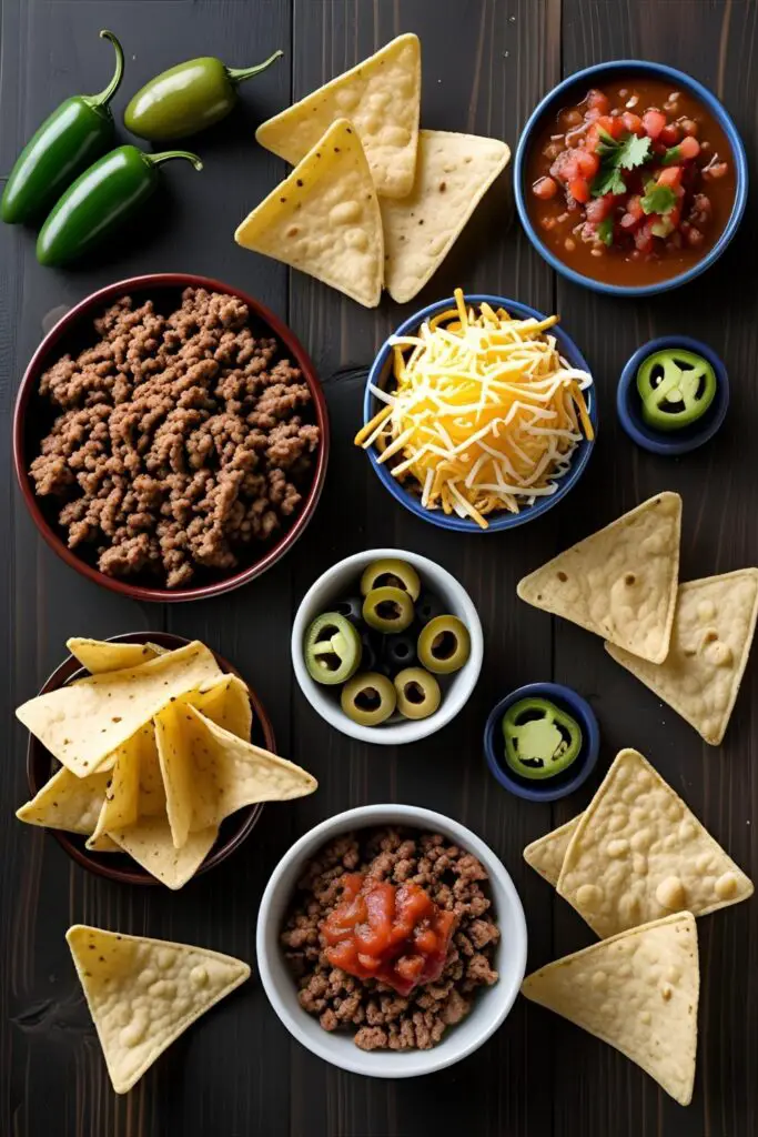 Hearty beef nachos on a baking sheet with salsa and green onions