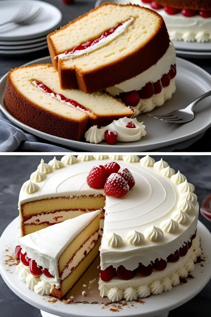 Close-up of cake slice with creamy filling and berry on top