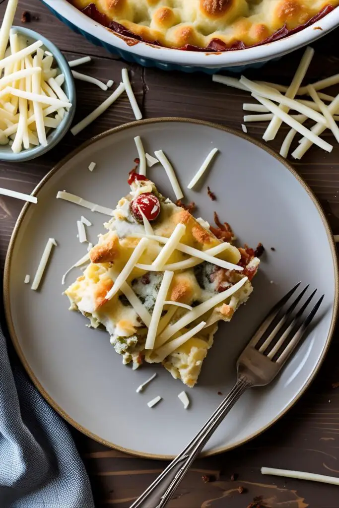 Close-up of cheesy sausage breakfast casserole slice on plate