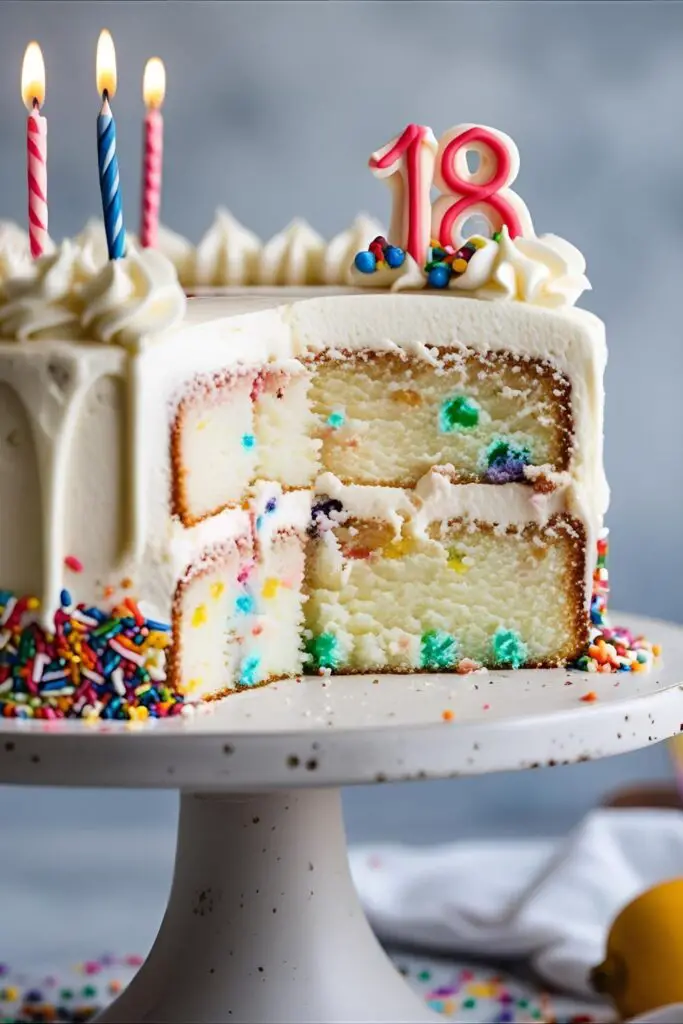  Birthday cake topped with “18”, piped icing, and rainbow sprinkles on stand