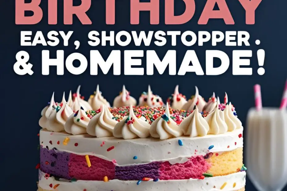 Vanilla layer cake decorated with rainbow sprinkles and piped icing 18 topper