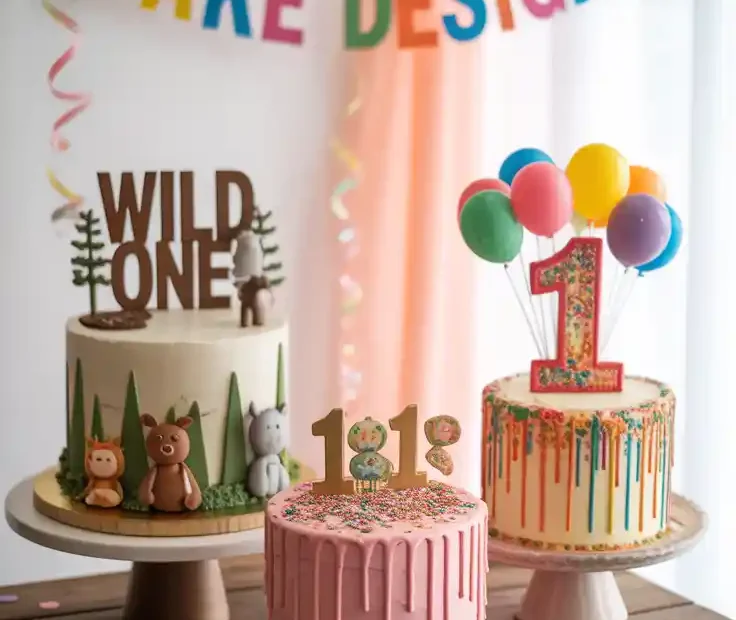 A collage of three different 1st birthday cake designs with the text "Easy 1st Birthday Cake Designs" overlaid.