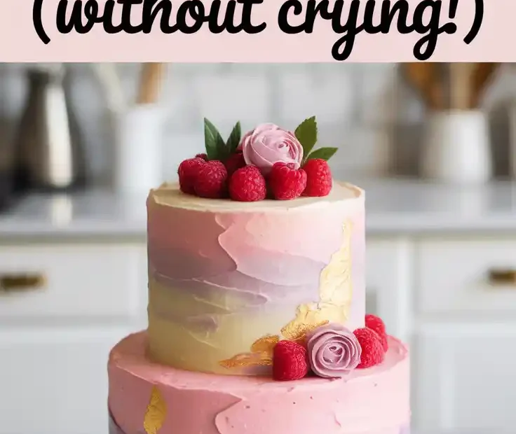 A Pinterest pin with the text "How to Make a 2 Tier Cake (Without Crying!)" over an image of a beautiful, finished two-tier birthday cake.