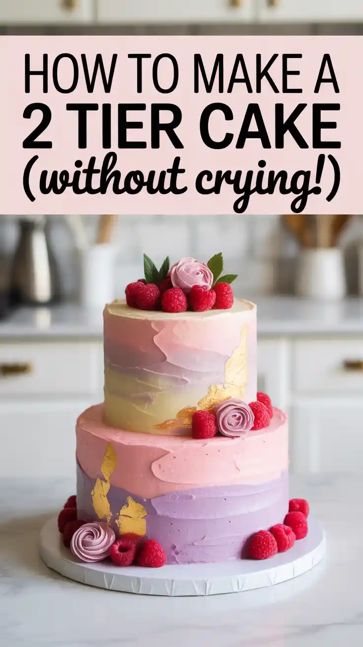 A Pinterest pin with the text "How to Make a 2 Tier Cake (Without Crying!)" over an image of a beautiful, finished two-tier birthday cake.
