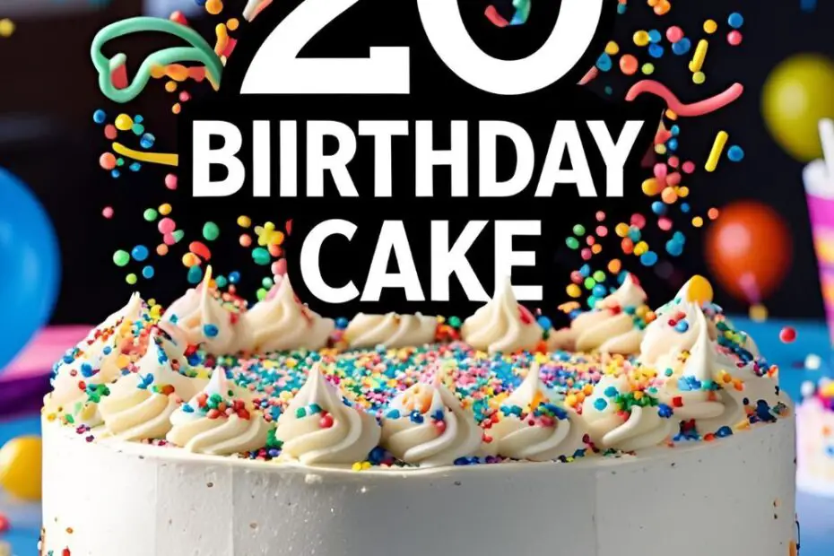 Frosted round birthday cake with bright “20” in sprinkles