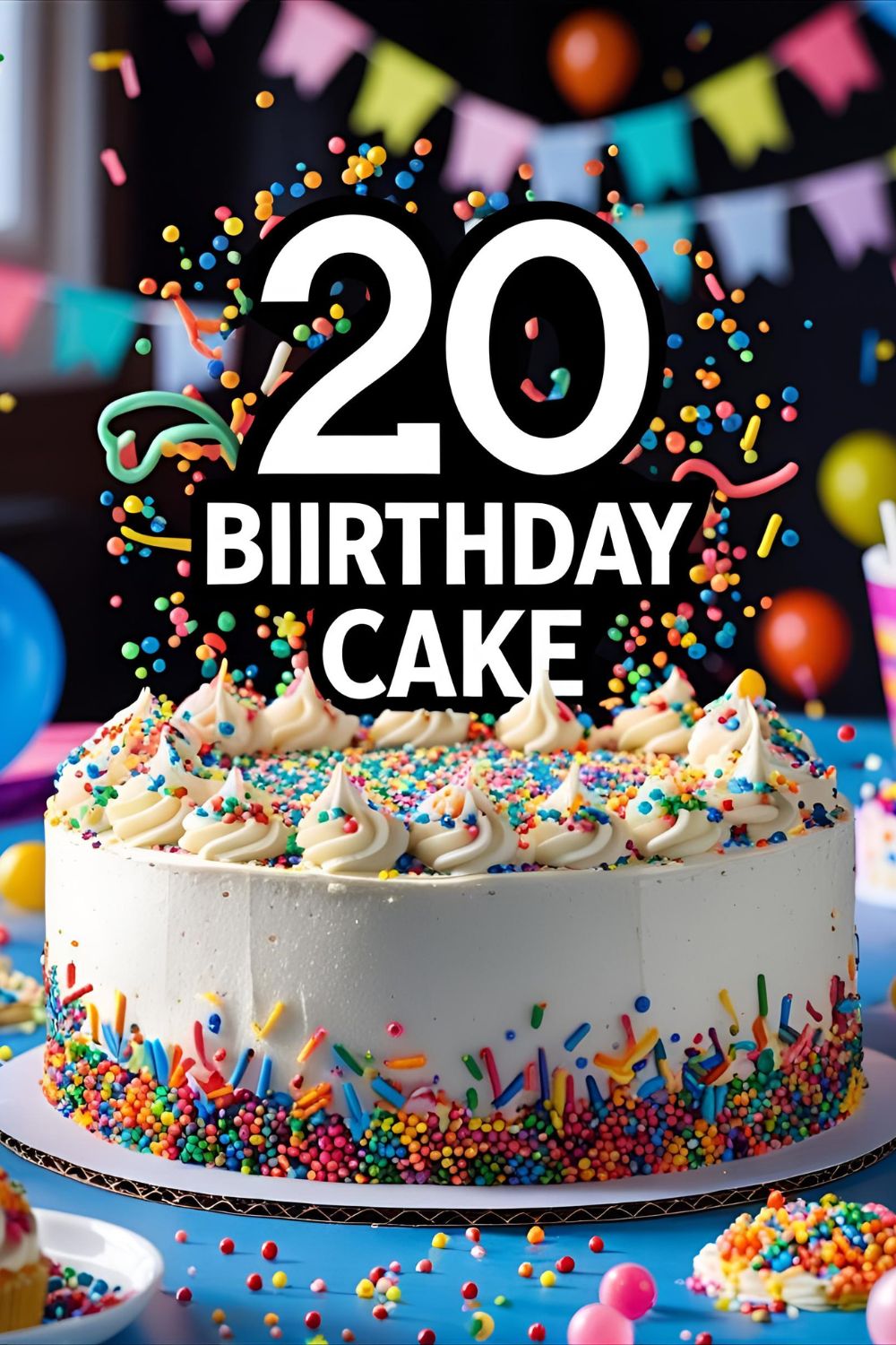 Frosted round birthday cake with bright “20” in sprinkles