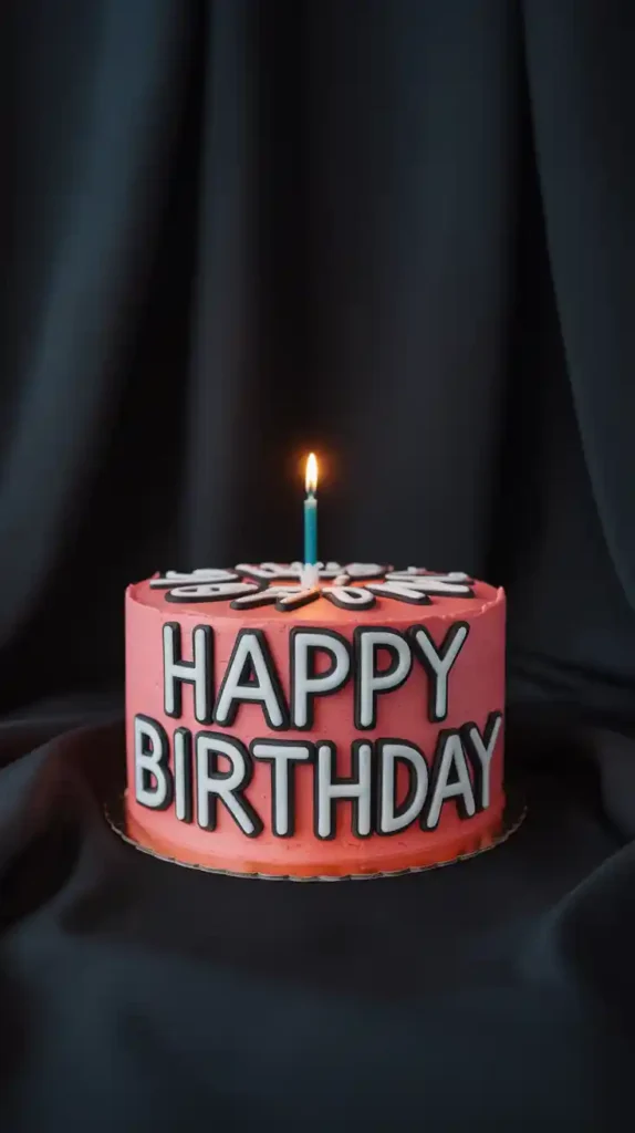 "An angled shot of the 2D cartoon cake with a slice removed, revealing its real, three-dimensional cake interior."