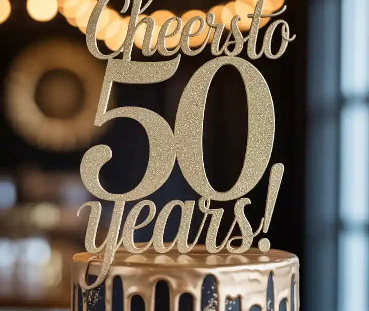 A Pinterest pin with the text "Cheers to 50 Years!" over a photo of a glamorous black and gold 50th birthday cake.