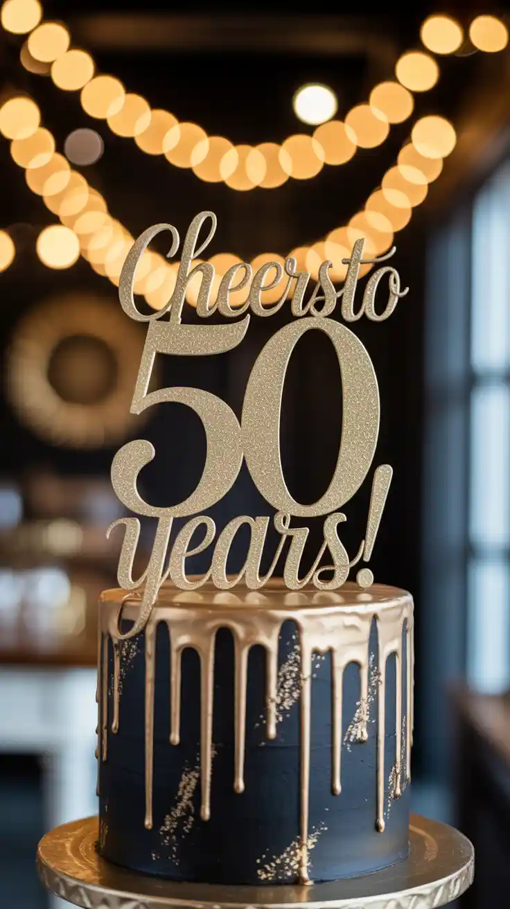 A Pinterest pin with the text "Cheers to 50 Years!" over a photo of a glamorous black and gold 50th birthday cake.