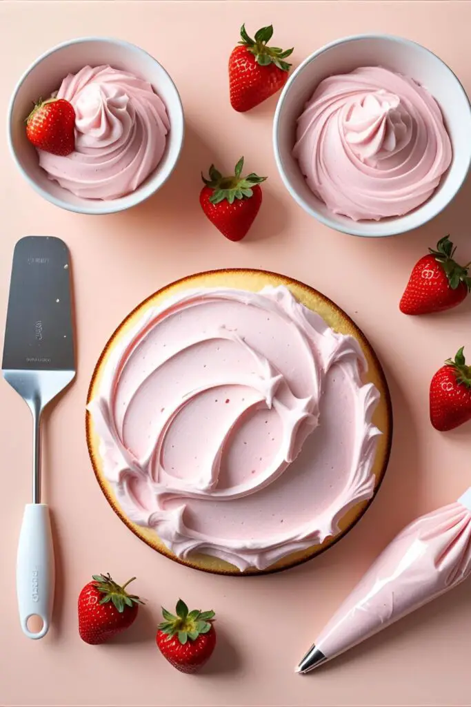 A collage of ingredients and tools for making a pink bento cake, including a mini cake, pink frosting, and strawberries.
