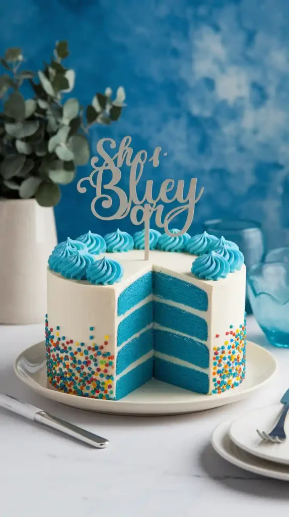 Bluey-themed cake slice showing blue interior, piping details, and fondant face