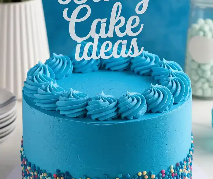 Bright Bluey cake with adorable Bluey topper and sky-blue frosting swirl