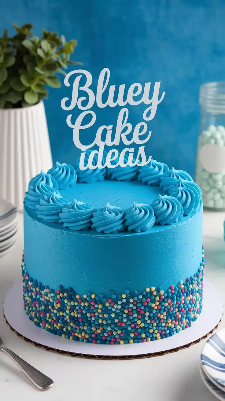 Bright Bluey cake with adorable Bluey topper and sky-blue frosting swirl