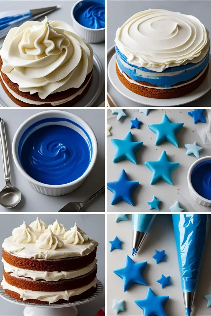 Sky-blue vanilla cake with piped frosting and Bluey fondant topper
