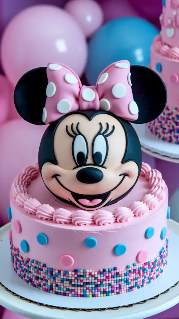 Close-up of fondant Minnie ears and polka dot frosting on cake