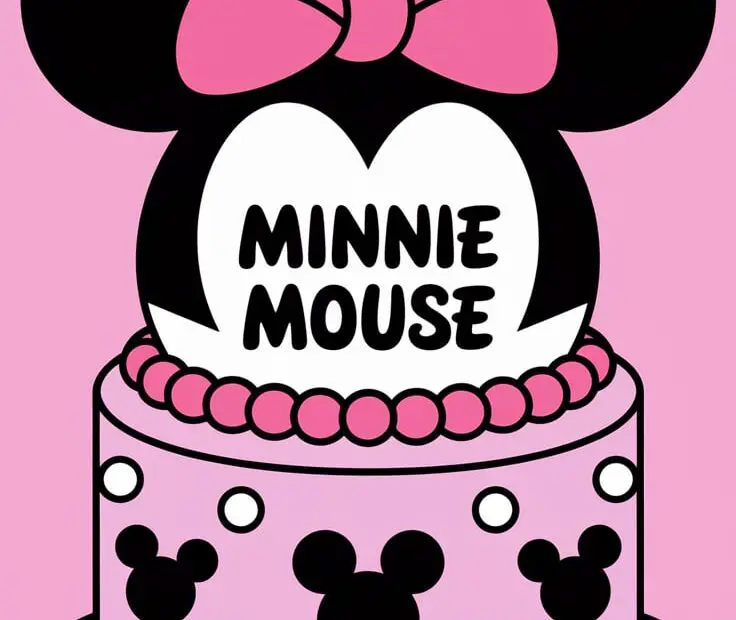Full view of Minnie Mouse cake with pink polka dots and fondant bow