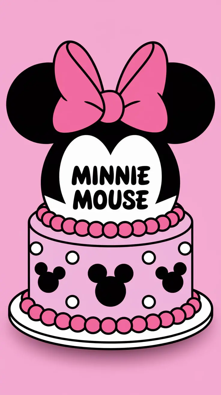 Full view of Minnie Mouse cake with pink polka dots and fondant bow