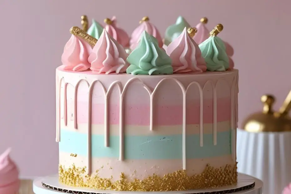 Pastel aesthetic cake with gold accents and floral decoration