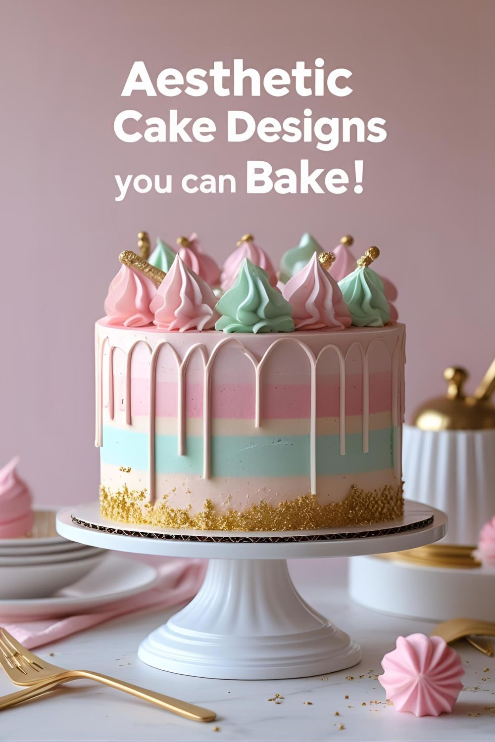 Pastel aesthetic cake with gold accents and floral decoration