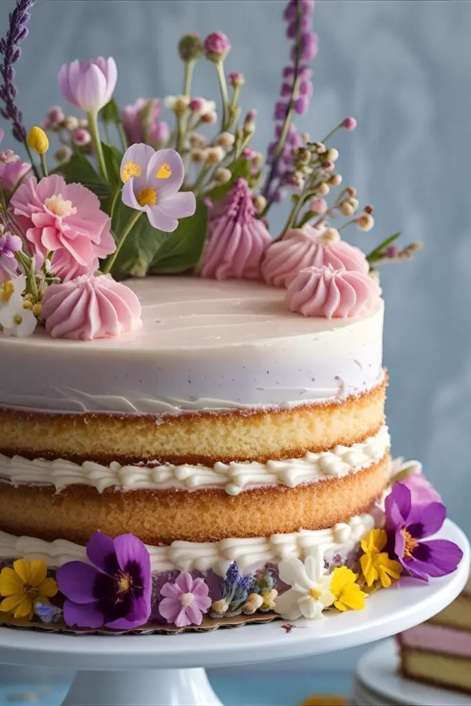Elegant pastel layer cake with smooth frosting and edible flowers