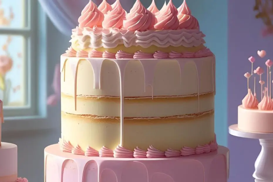 A pastel aesthetic cake decorated with edible flowers on a white stand