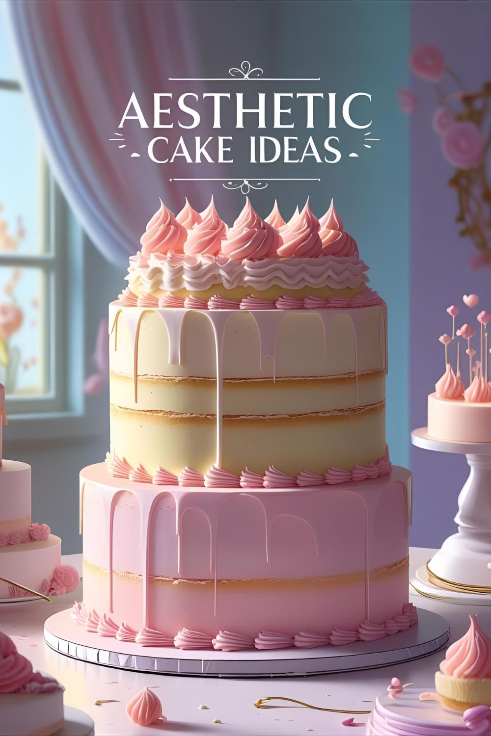 A pastel aesthetic cake decorated with edible flowers on a white stand