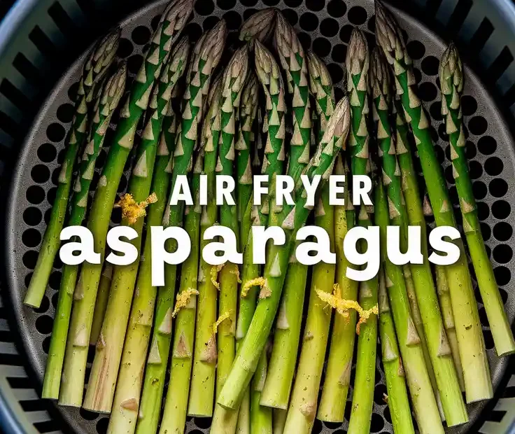 Crispy garlic lemon asparagus piled in air fryer basket