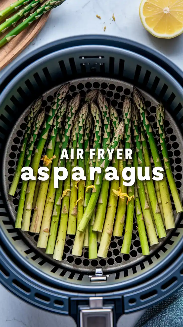Crispy garlic lemon asparagus piled in air fryer basket