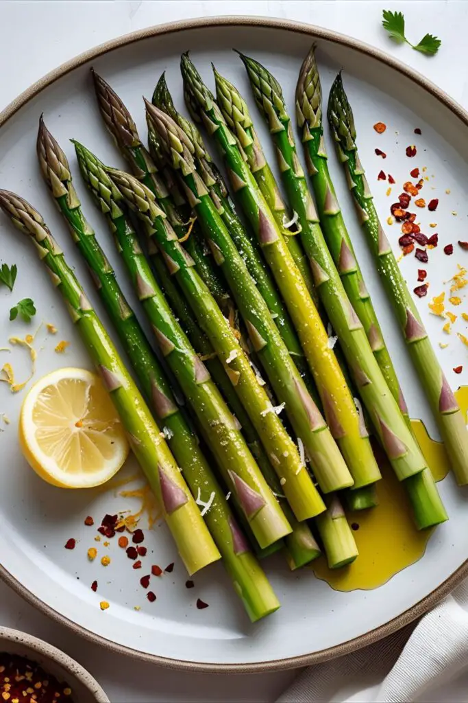 Golden-tipped air fryer asparagus with red pepper flakes