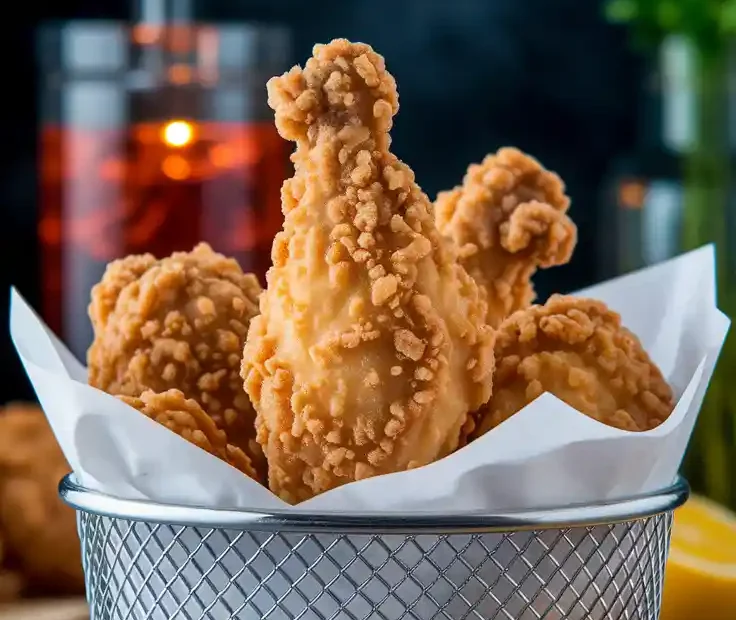 Crispy, golden air-fried chicken thighs arranged in basket