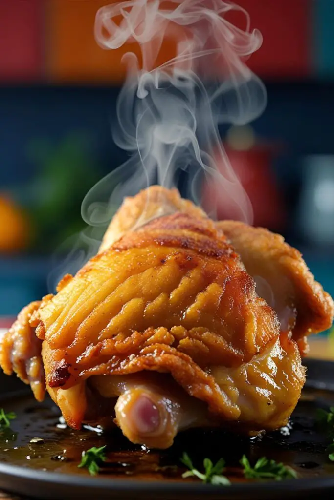  Close-up of a crispy air-fried chicken thigh with dipping sauce