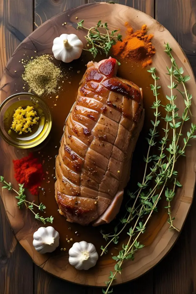 Sliced air fryer pork tenderloin with golden herb crust, arranged on serving platter.