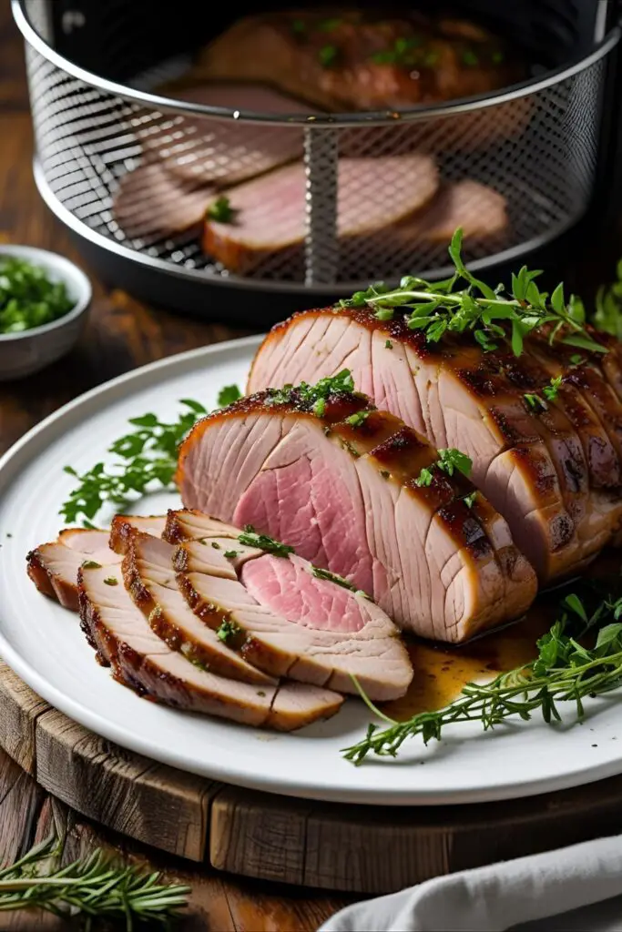 Air fryer pork tenderloin with caramelized brown sugar crust, plated with herbs.