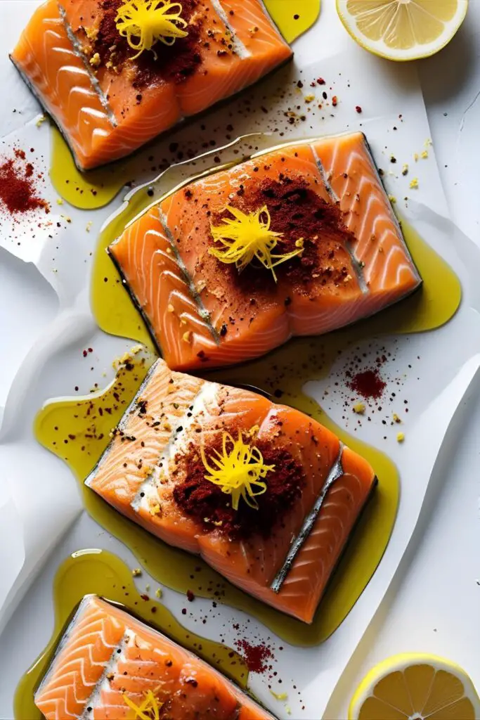 Close-up view of air fryer salmon with crispy skin and lemon wedge