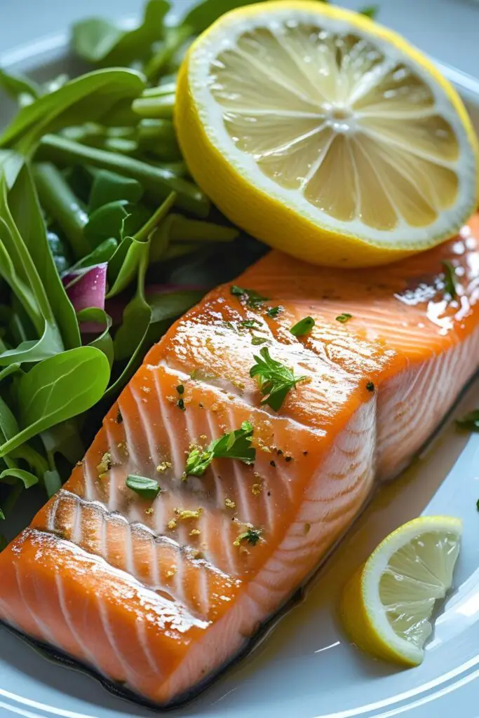 Air fryer salmon plated beautifully with herb garnish