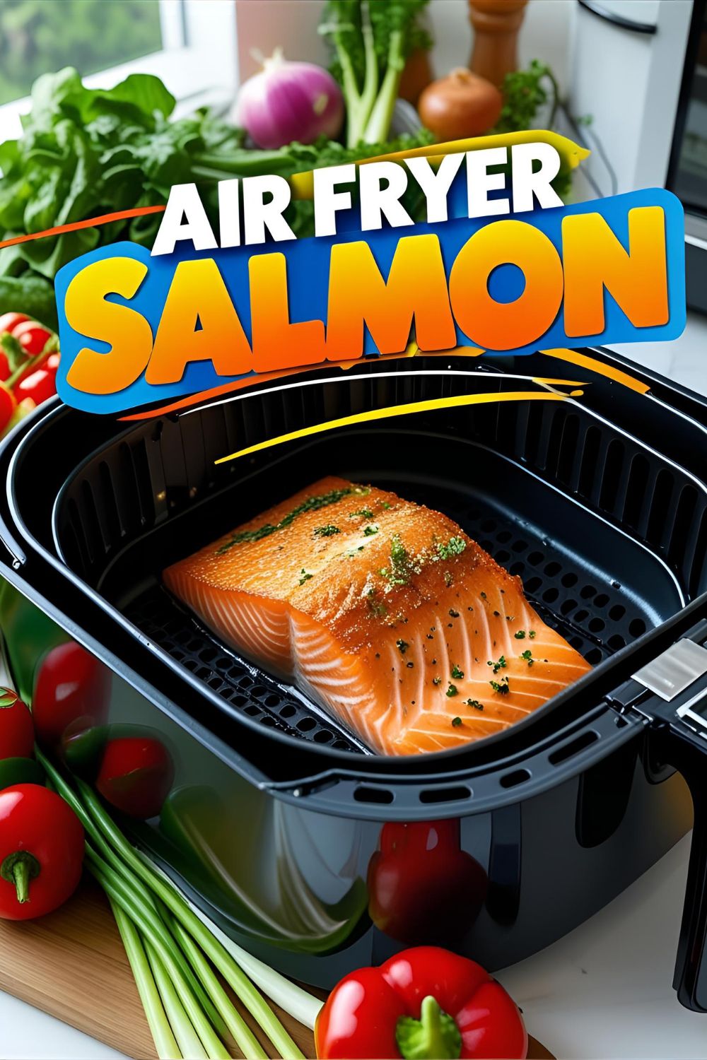 Crispy-skin air fryer salmon fillet with lemon garnish