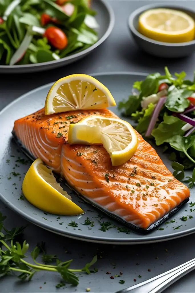 Herb and lemon garnished air-fried salmon with crispy golden skin on a modern plate