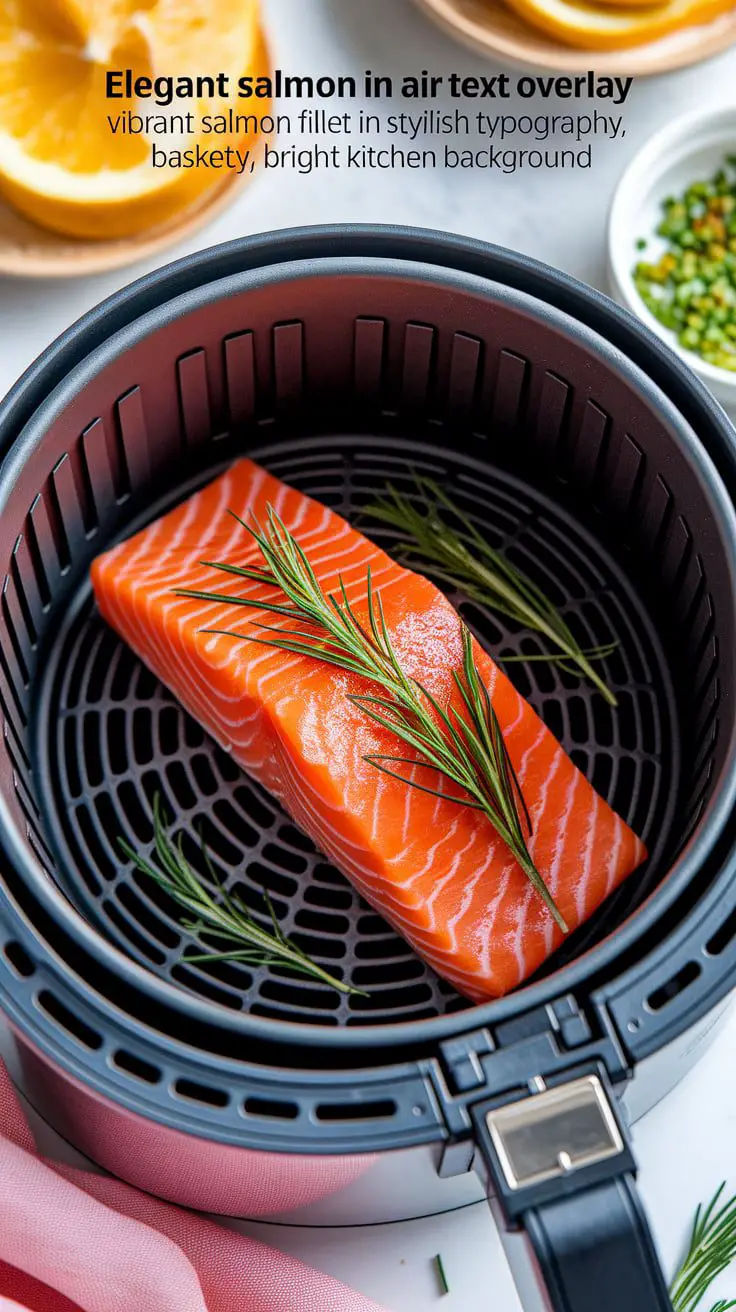 Crispy air fryer salmon fillet garnished with lemon and herbs on a white plate