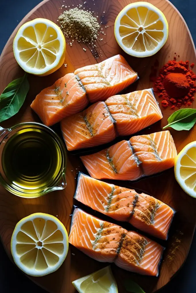 Close-up of air fryer salmon fillet with crispy skin and lemon wedge on plate