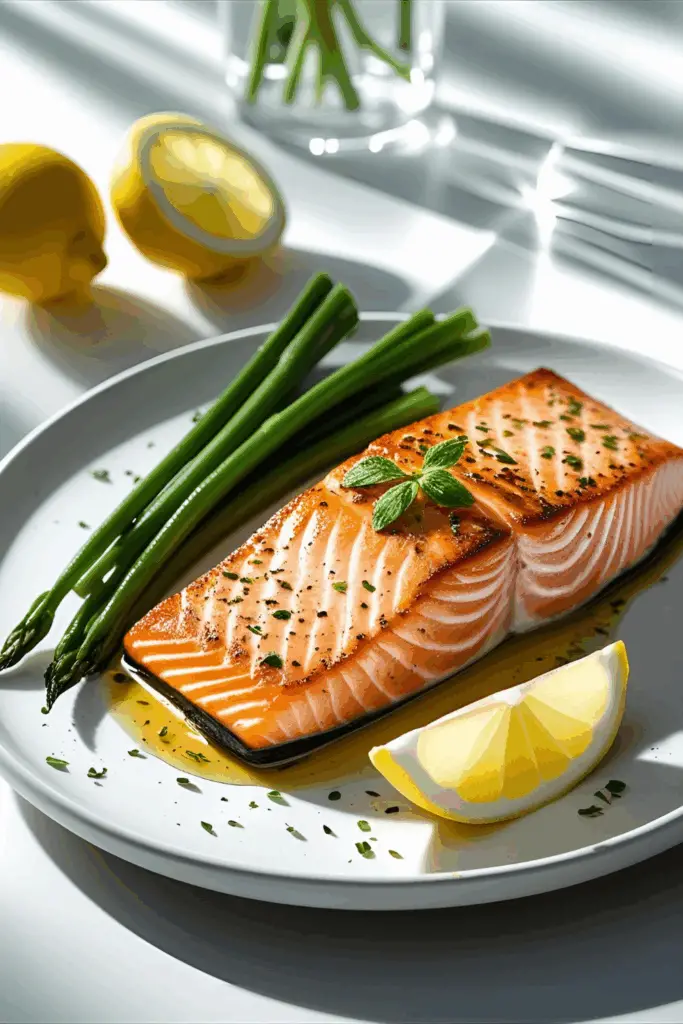  Plated air fryer salmon with herbs and lemon slice